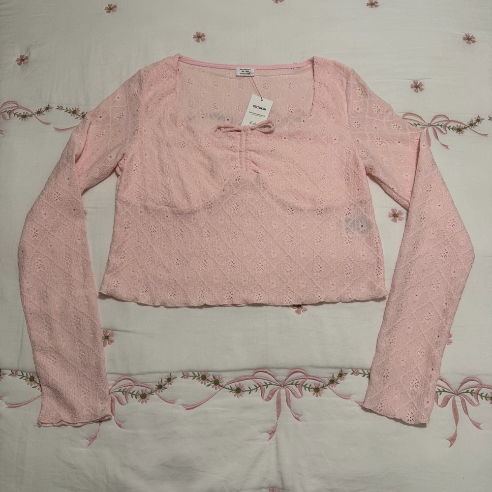 Cotton On Briony Tie Front Long Sleeve Eyelet Top Pink XL